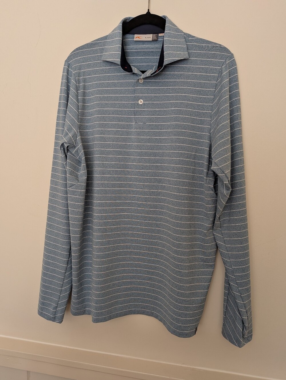 KJUS Mens Medium 50 Blue Soren Melange Stripe Long Sleeve Golf Polo Shirt